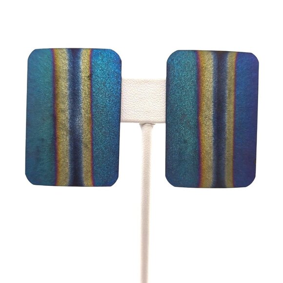 unbranded Jewelry - Modernist Metallic Stripe Earrings Blue Gold Geometric Aluminum Art Retro Stmt